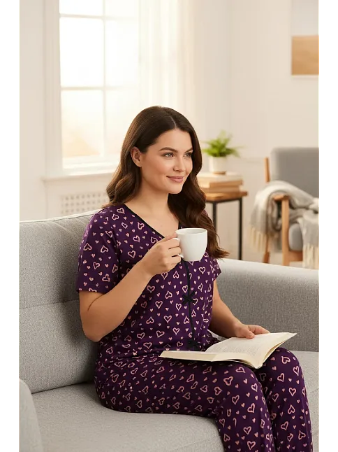 Kadın Mor Kalp Desenli Fiyonklu Kısa Kollu Uzun Pijama Takımı