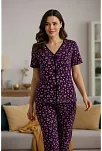Kadın Mor Kalp Desenli Fiyonklu Kısa Kollu Uzun Pijama Takımı