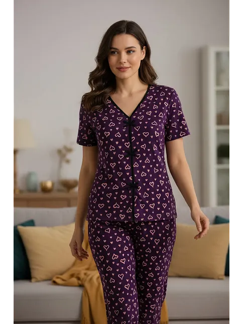 Kadın Mor Kalp Desenli Fiyonklu Kısa Kollu Uzun Pijama Takımı