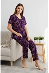 Kadın Mor Kalp Desenli Fiyonklu Kısa Kollu Uzun Pijama Takımı