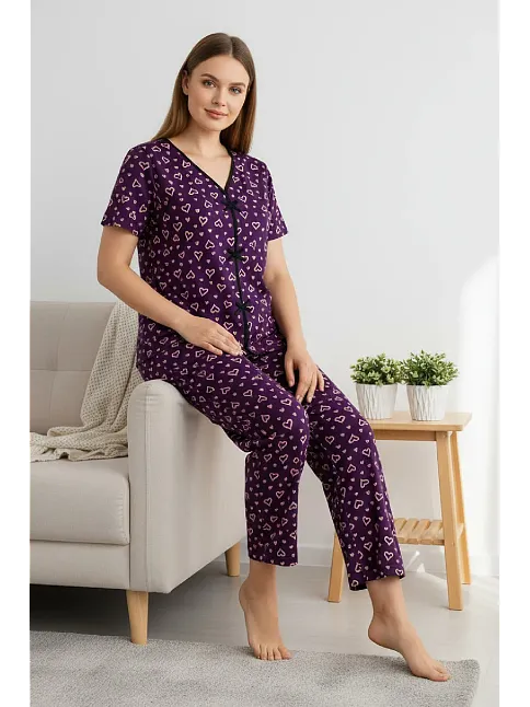 Kadın Mor Kalp Desenli Fiyonklu Kısa Kollu Uzun Pijama Takımı