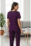 Kadın Mor Kalp Desenli Fiyonklu Kısa Kollu Uzun Pijama Takımı