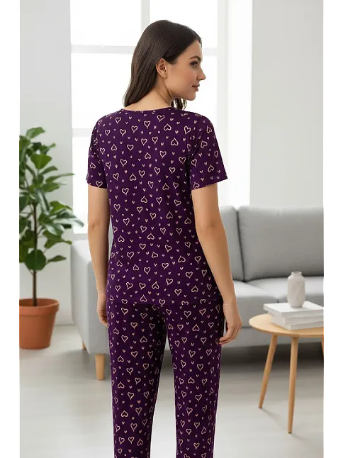 Kadın Mor Kalp Desenli Fiyonklu Kısa Kollu Uzun Pijama Takımı
