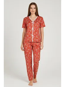 Kadın Turuncu Kalp Desenli Fiyonklu Kısa Kollu Uzun Pijama Takımı