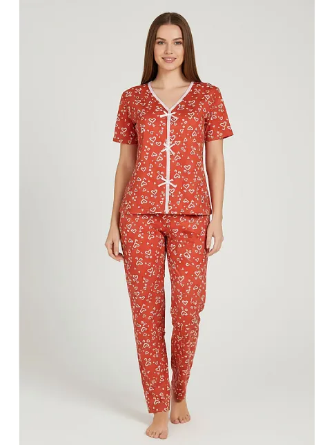 Kadın Turuncu Kalp Desenli Fiyonklu Kısa Kollu Uzun Pijama Takımı
