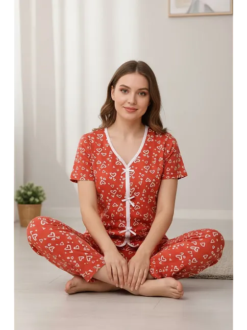 Kadın Turuncu Kalp Desenli Fiyonklu Kısa Kollu Uzun Pijama Takımı