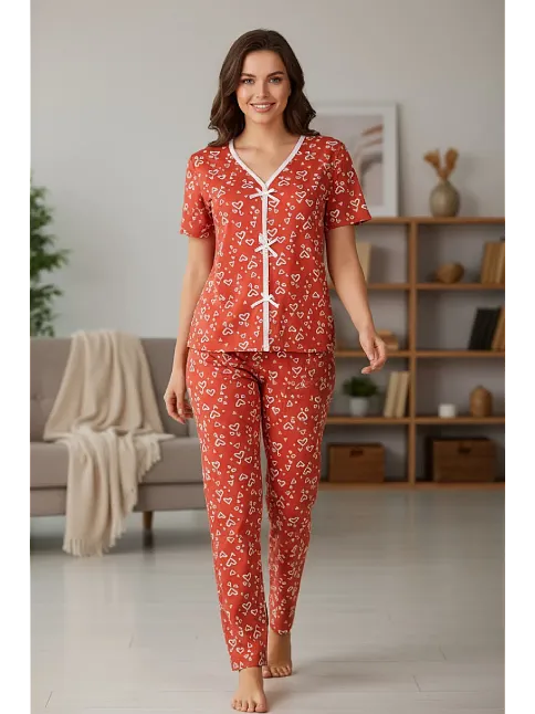 Kadın Turuncu Kalp Desenli Fiyonklu Kısa Kollu Uzun Pijama Takımı
