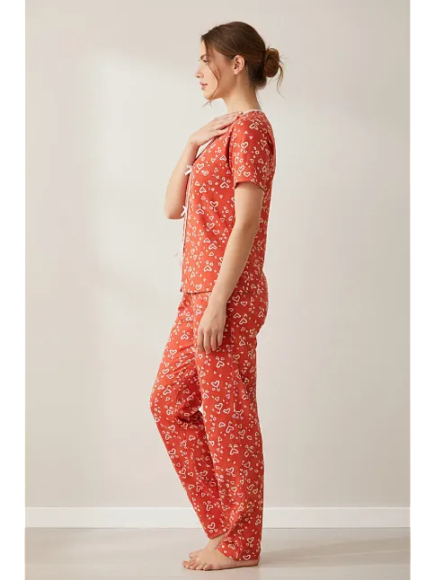 Kadın Turuncu Kalp Desenli Fiyonklu Kısa Kollu Uzun Pijama Takımı