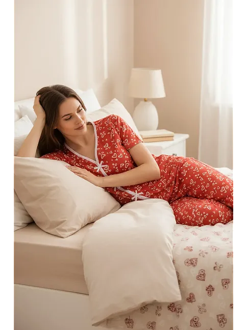 Kadın Turuncu Kalp Desenli Fiyonklu Kısa Kollu Uzun Pijama Takımı