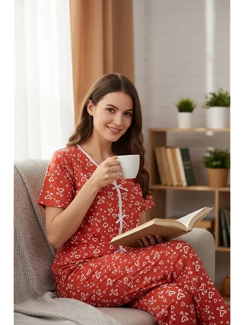 Kadın Turuncu Kalp Desenli Fiyonklu Kısa Kollu Uzun Pijama Takımı
