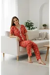 Kadın Turuncu Kalp Desenli Fiyonklu Kısa Kollu Uzun Pijama Takımı