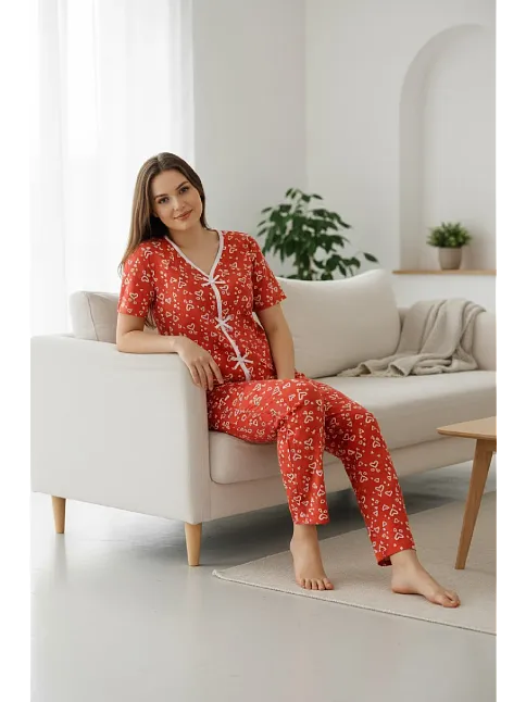 Kadın Turuncu Kalp Desenli Fiyonklu Kısa Kollu Uzun Pijama Takımı