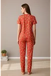 Kadın Turuncu Kalp Desenli Fiyonklu Kısa Kollu Uzun Pijama Takımı