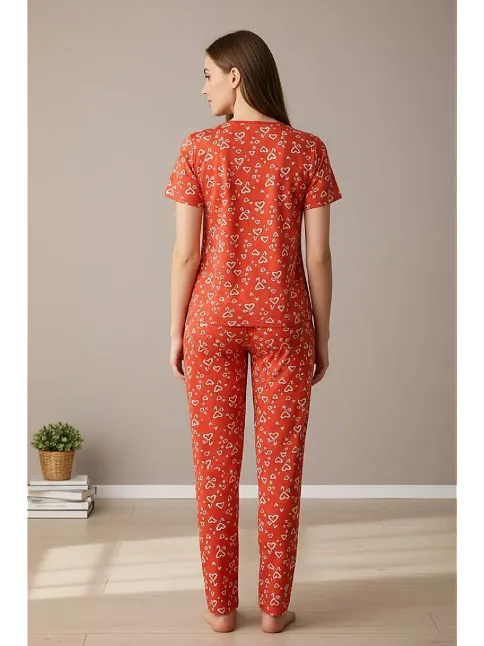 Kadın Turuncu Kalp Desenli Fiyonklu Kısa Kollu Uzun Pijama Takımı