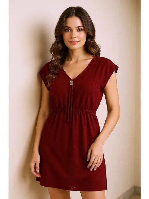 Kadın Bordo Yanları Yırtmaçlı Tokalı V Yaka Mini Plaj Elbisesi