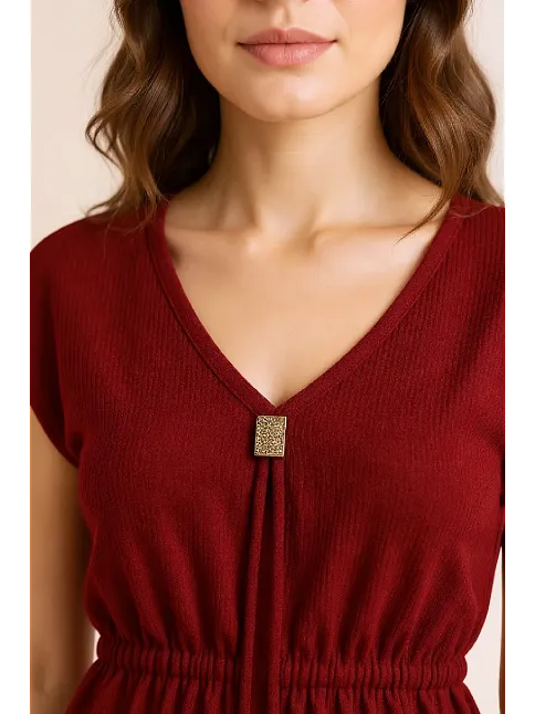 Kadın Bordo Yanları Yırtmaçlı Tokalı V Yaka Mini Plaj Elbisesi