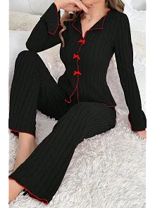 Kadın Siyah Kırmızı Biyeli Ve Fiyonklu Uzun Kollu Mevsimlik Pijama Takımı