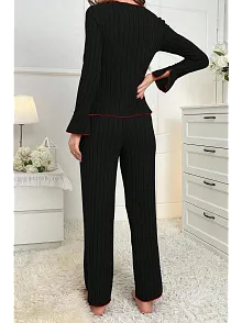 Kadın Siyah Kırmızı Biyeli Ve Fiyonklu Uzun Kollu Mevsimlik Pijama Takımı