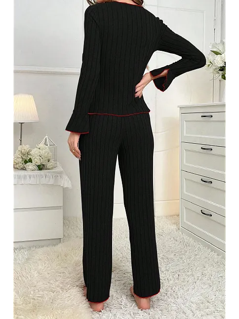 Kadın Siyah Kırmızı Biyeli Ve Fiyonklu Uzun Kollu Mevsimlik Pijama Takımı