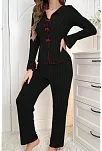 Kadın Siyah Kırmızı Biyeli Ve Fiyonklu Uzun Kollu Mevsimlik Pijama Takımı