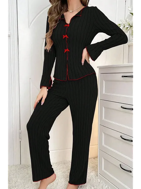 Kadın Siyah Kırmızı Biyeli Ve Fiyonklu Uzun Kollu Mevsimlik Pijama Takımı