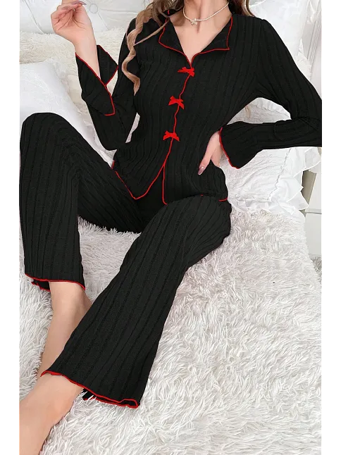 Kadın Siyah Kırmızı Biyeli Ve Fiyonklu Uzun Kollu Mevsimlik Pijama Takımı