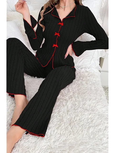 Kadın Siyah Kırmızı Biyeli Ve Fiyonklu Uzun Kollu Mevsimlik Pijama Takımı