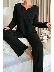 Kadın Siyah Uzun Kollu Fiyonklu Yuvarlak Yaka Mevsimlik Pijama Takımı