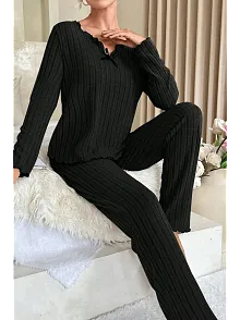 Kadın Siyah Uzun Kollu Fiyonklu Yuvarlak Yaka Mevsimlik Pijama Takımı