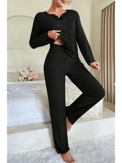 Kadın Siyah Uzun Kollu Fiyonklu Yuvarlak Yaka Mevsimlik Pijama Takımı