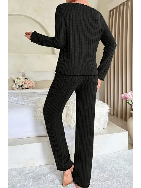 Kadın Siyah Uzun Kollu Fiyonklu Yuvarlak Yaka Mevsimlik Pijama Takımı