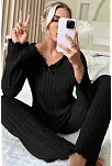 Kadın Siyah Uzun Kollu Fiyonklu Yuvarlak Yaka Mevsimlik Pijama Takımı