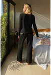 Kadın Siyah Fiyonklu İç Çamaşırı Ve Uzun Kollu V Yaka Pijama Takımı 4'lü Set