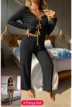 Kadın Siyah Fiyonklu İç Çamaşırı Ve Uzun Kollu V Yaka Pijama Takımı 4'lü Set