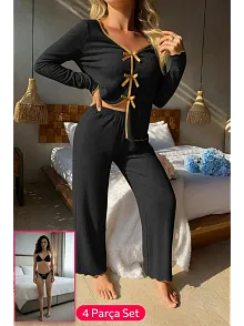 Kadın Siyah Fiyonklu İç Çamaşırı Ve Uzun Kollu V Yaka Pijama Takımı 4'lü Set