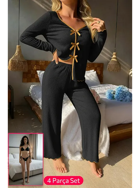 Kadın Siyah Fiyonklu İç Çamaşırı Ve Uzun Kollu V Yaka Pijama Takımı 4'lü Set