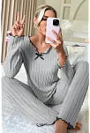 Kadın Gri Çizgili Uzun Kollu Fiyonk Detaylı Pijama Takımı Rahat Mevsimlik
