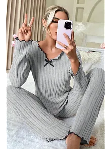 Kadın Gri Çizgili Uzun Kollu Fiyonk Detaylı Pijama Takımı Rahat Mevsimlik