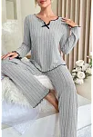 Kadın Gri Çizgili Uzun Kollu Fiyonk Detaylı Pijama Takımı Rahat Mevsimlik