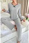 Kadın Gri Çizgili Uzun Kollu Fiyonk Detaylı Pijama Takımı Rahat Mevsimlik