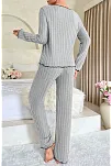 Kadın Gri Çizgili Uzun Kollu Fiyonk Detaylı Pijama Takımı Rahat Mevsimlik