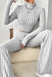 Kadın Gri Çizgili Boğazlı Crop Top Ve Yüksek Bel Pantolon Takım