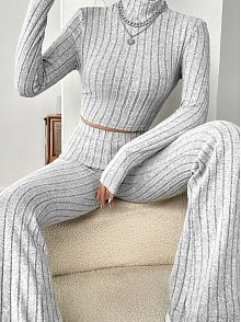 Kadın Gri Çizgili Boğazlı Crop Top Ve Yüksek Bel Pantolon Takım