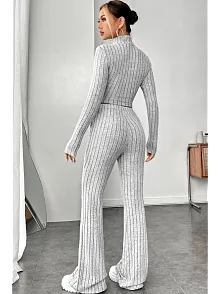 Kadın Gri Çizgili Boğazlı Crop Top Ve Yüksek Bel Pantolon Takım