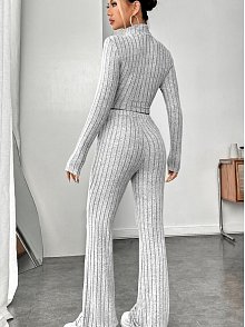 Kadın Gri Çizgili Boğazlı Crop Top Ve Yüksek Bel Pantolon Takım
