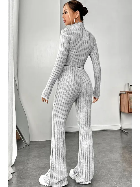 Kadın Gri Çizgili Boğazlı Crop Top Ve Yüksek Bel Pantolon Takım