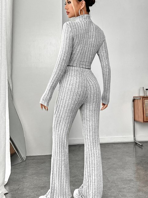 Kadın Gri Çizgili Boğazlı Crop Top Ve Yüksek Bel Pantolon Takım