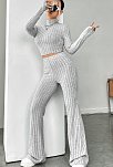 Kadın Gri Çizgili Boğazlı Crop Top Ve Yüksek Bel Pantolon Takım