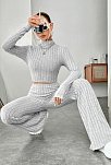 Kadın Gri Çizgili Boğazlı Crop Top Ve Yüksek Bel Pantolon Takım