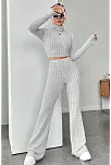 Kadın Gri Çizgili Boğazlı Crop Top Ve Yüksek Bel Pantolon Takım